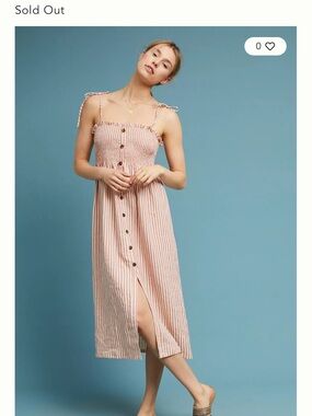 Faithfull the Brand Striped Button-Front Pink Midi Dress with Smocked Bodice